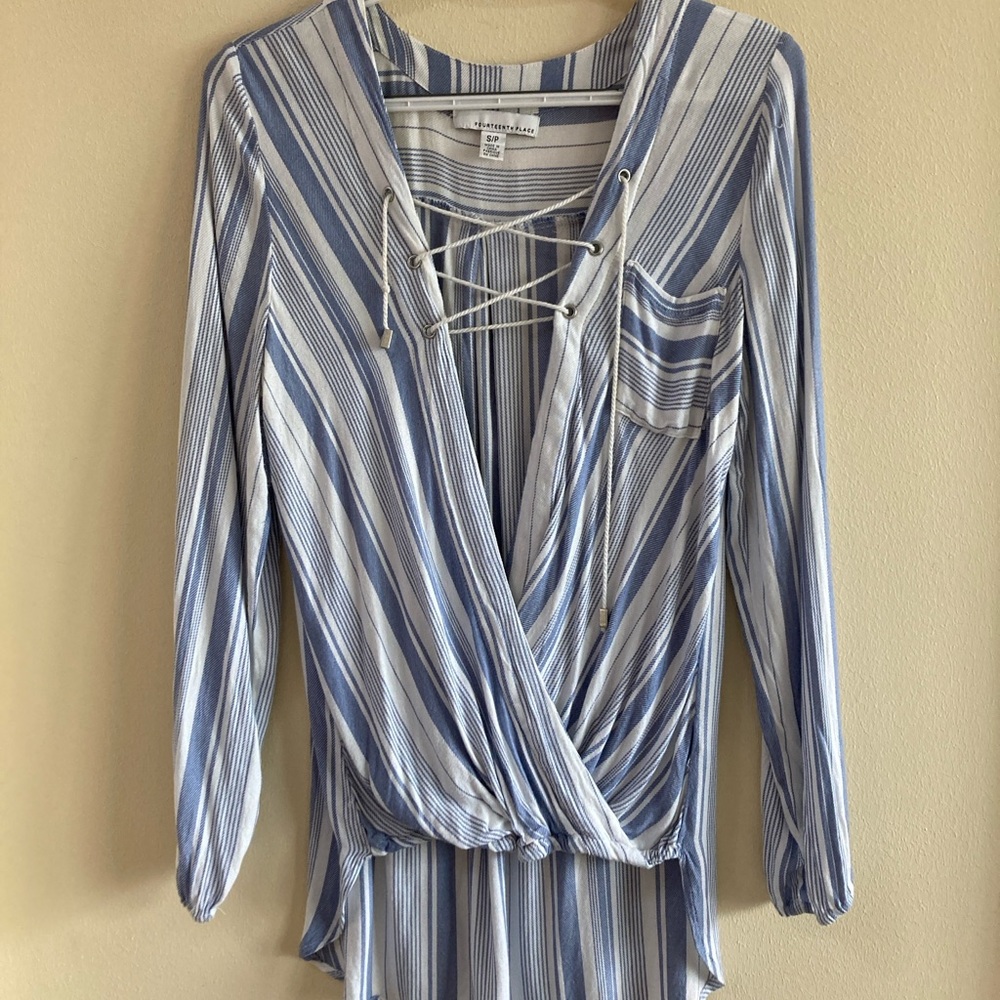 Fourteenth Place Striped  Blue and White Blouse